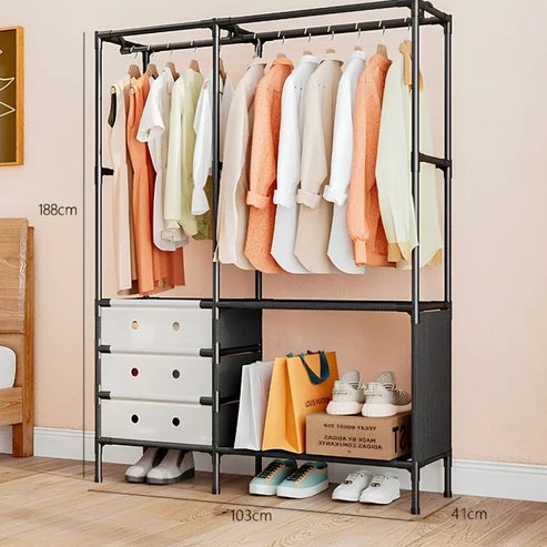 Multi Tier Clothing Rack with Drawers and Shoe Storage Organizer for Home and Bedroom