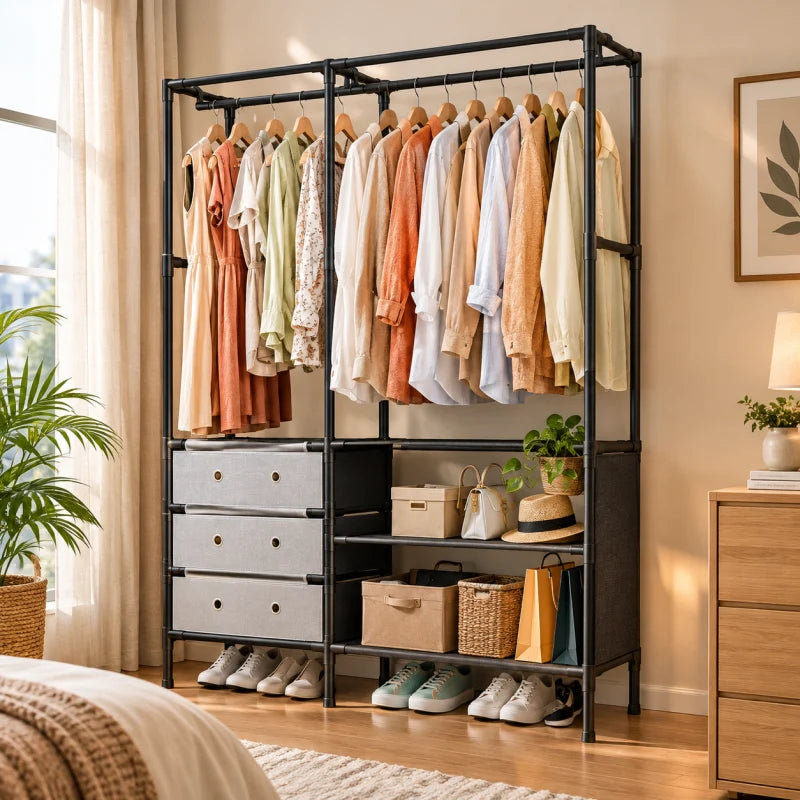 Multi Tier Clothing Rack with Drawers and Shoe Storage Organizer for Home and Bedroom