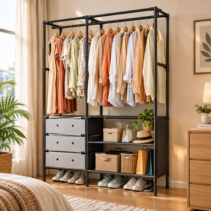 Multi Tier Clothing Rack with Drawers and Shoe Storage Organizer for Home and Bedroom