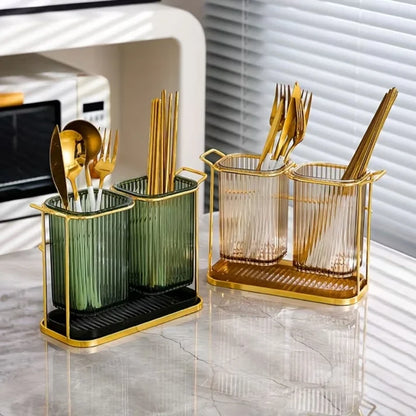 Acrylic Cutlery Holder with Golden Steel Stand Kitchen Utensil Organizer
