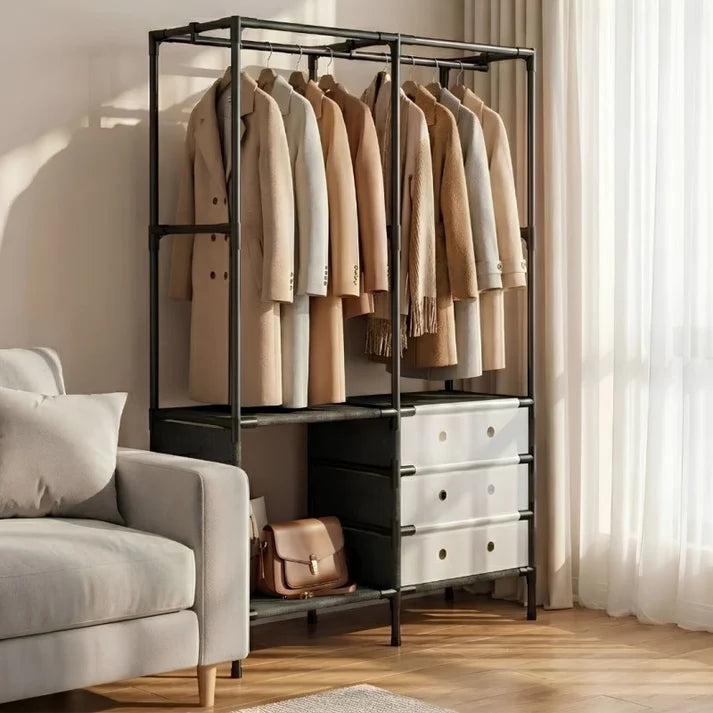 Multi Tier Clothing Rack with Drawers and Shoe Storage Organizer for Home and Bedroom