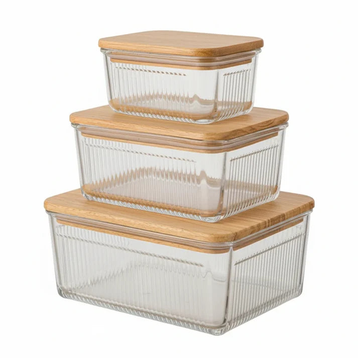 Limon Robust 3 Piece Glass Container Set With Wooden Lid