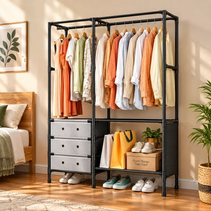 Multi Tier Clothing Rack with Drawers and Shoe Storage Organizer for Home and Bedroom